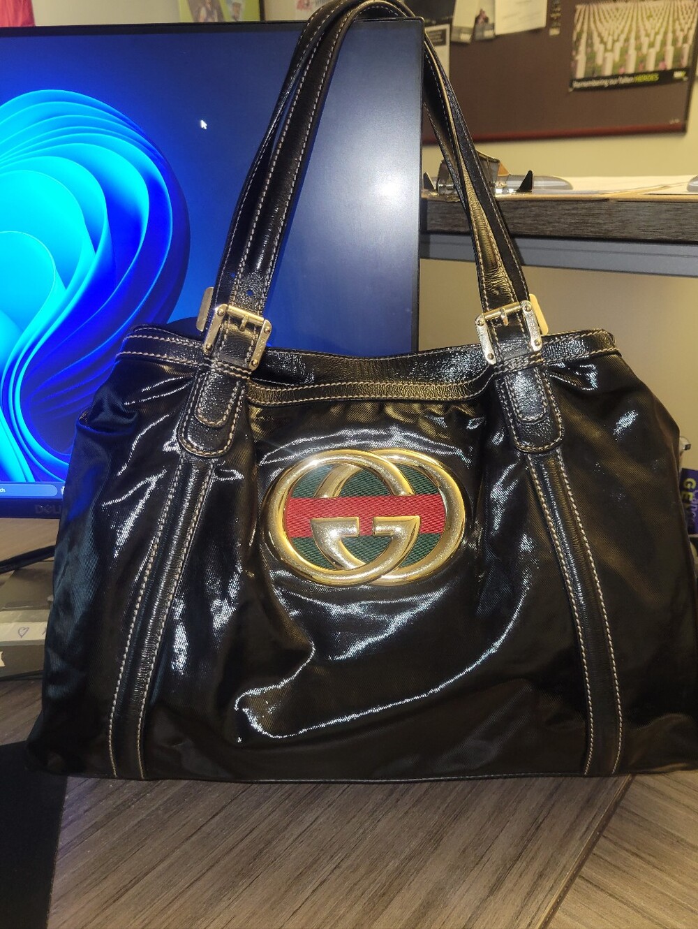 GUCCI Britt Black Dialux Coated Fabric Patent Style Logo Tote Bag